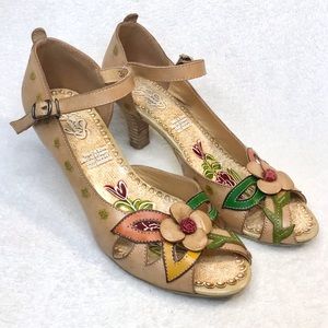 Genuine leather floral summer open toe sandals tan heels with strap Infinity